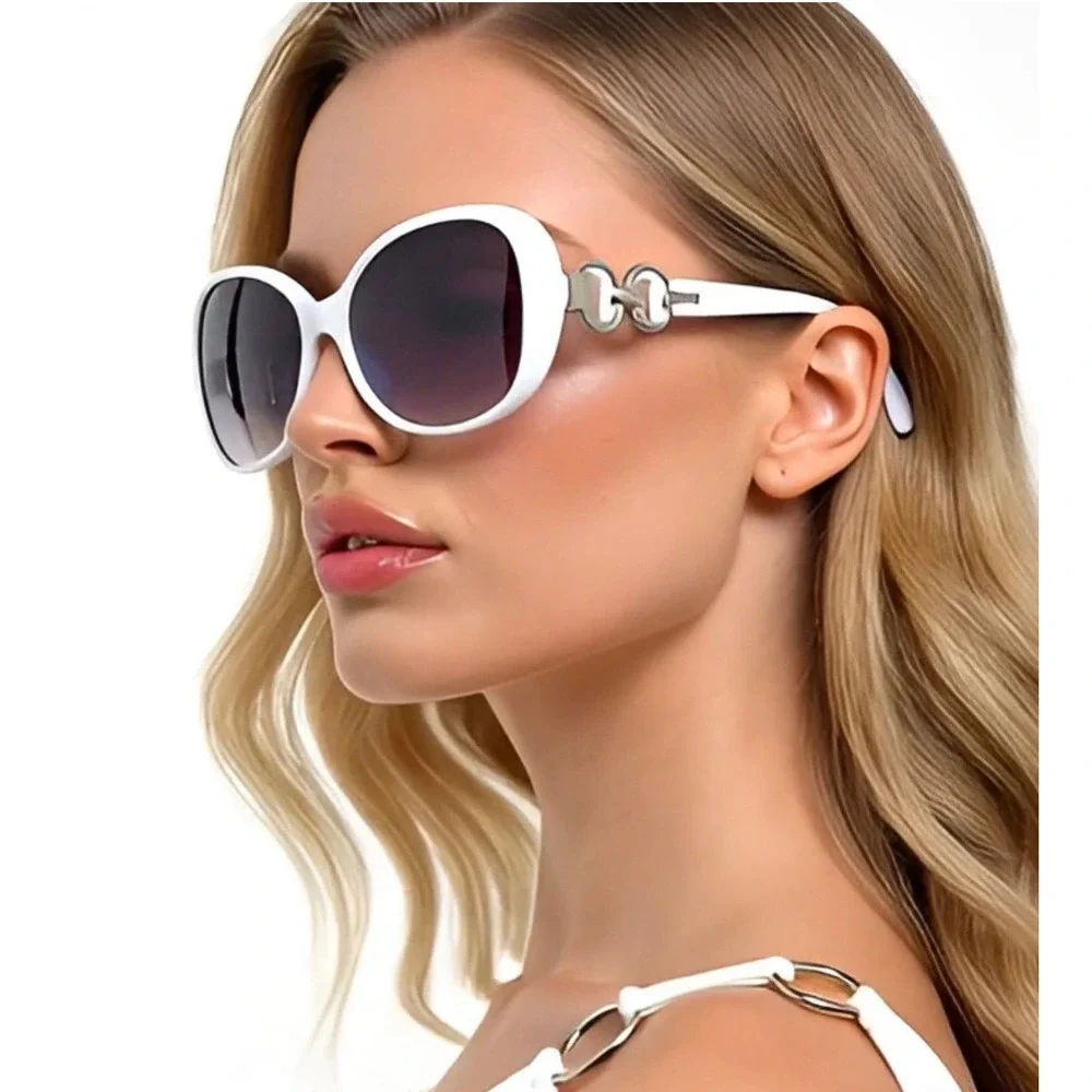Women's Oversized Oval Sunglasses White Frame Gradient Lenses‎ Fashion Accessory